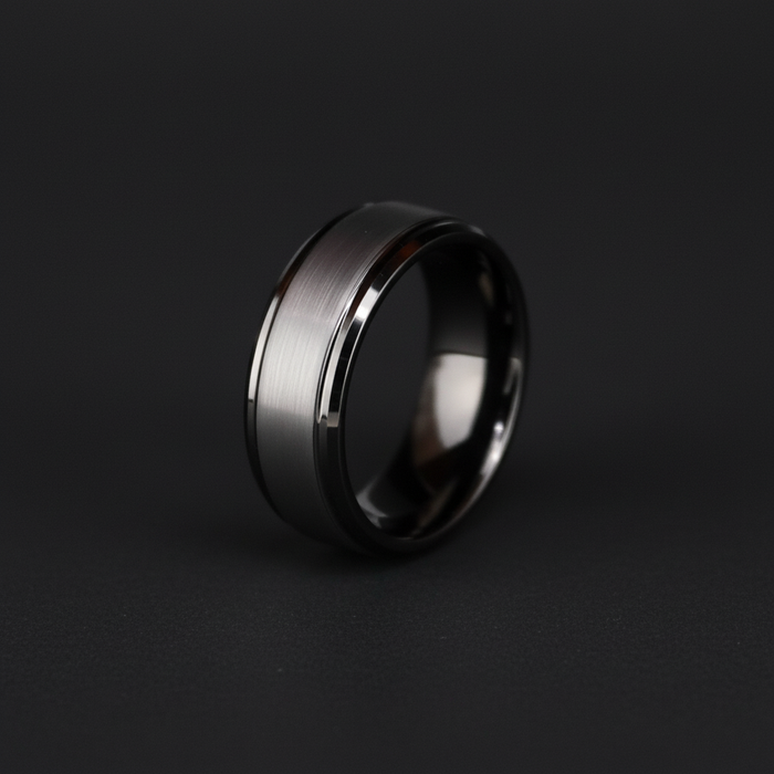 The Fortress 8mm, a bevelled gunmetal plated tungsten band
