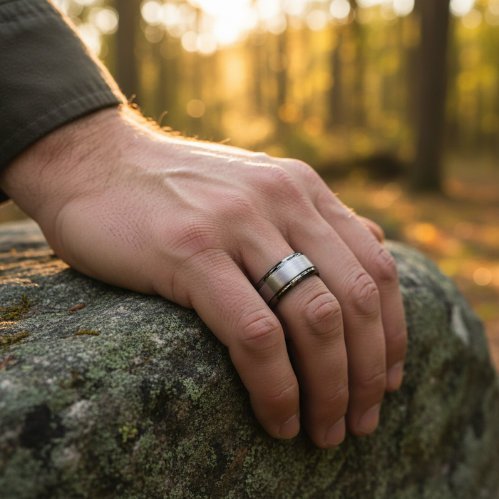 The Fortress 8mm bevelled gunmetal ring resting on textured stone