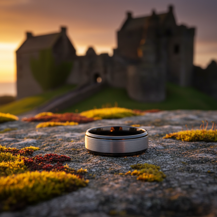 The Fortress 8mm ring on mossy stone at Scottish castle ruins