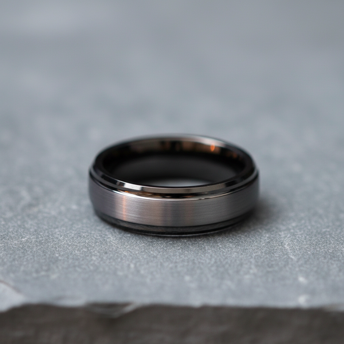 The Fortress 6mm, a bevelled gunmetal plated tungsten band