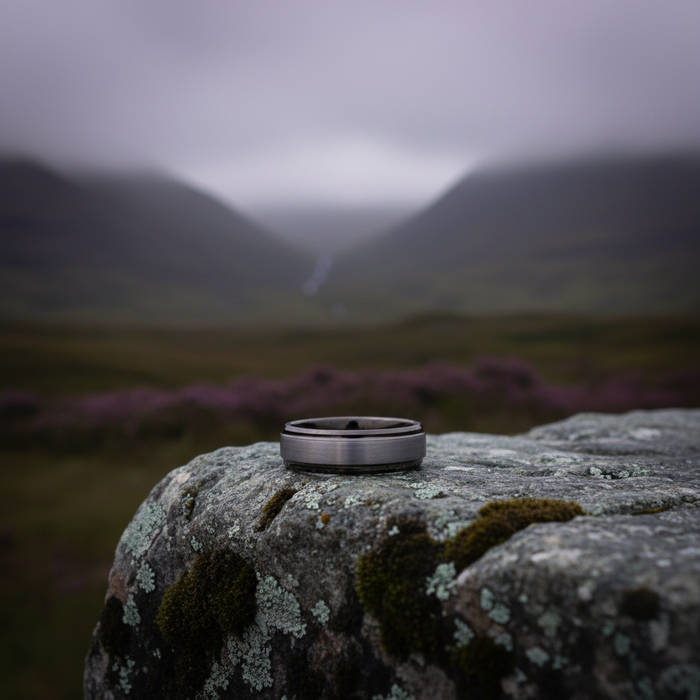 The Fortress 6mm ring against a natural rocky background