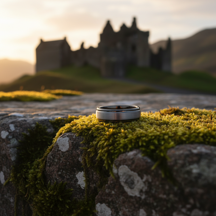 The Fortress 6mm ring on moss at Scottish castle ruins