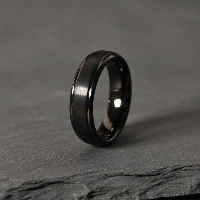 The Foundation, a 6mm bevelled black plated tungsten band