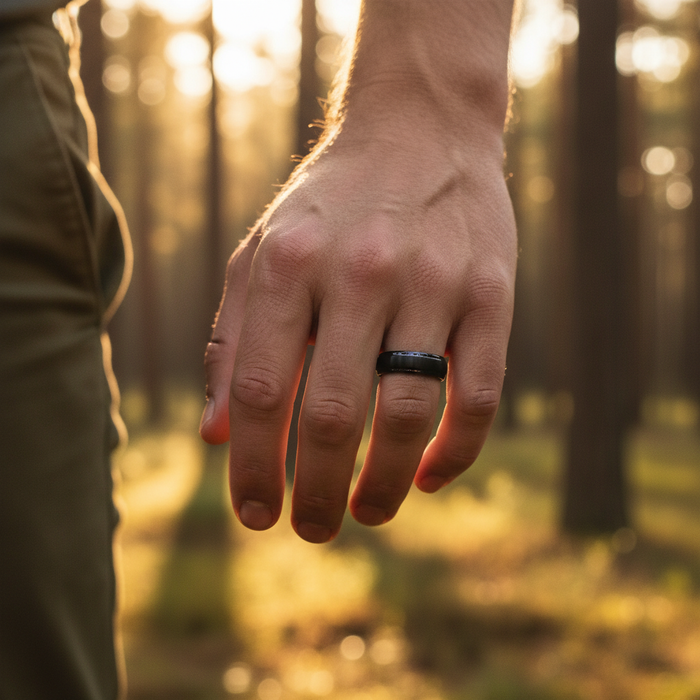 The Foundation 6mm black band worn on a hand in a forest setting