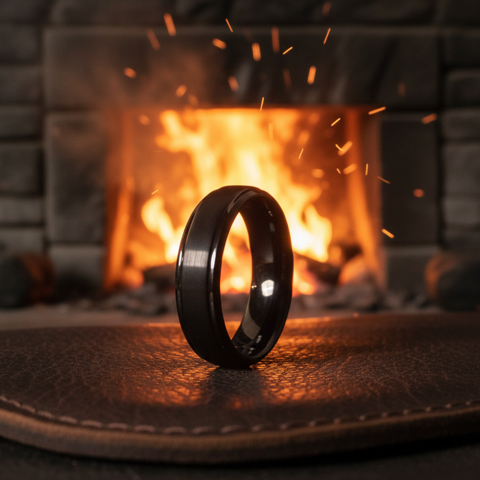 The Foundation 6mm black ring in front of a fireplace