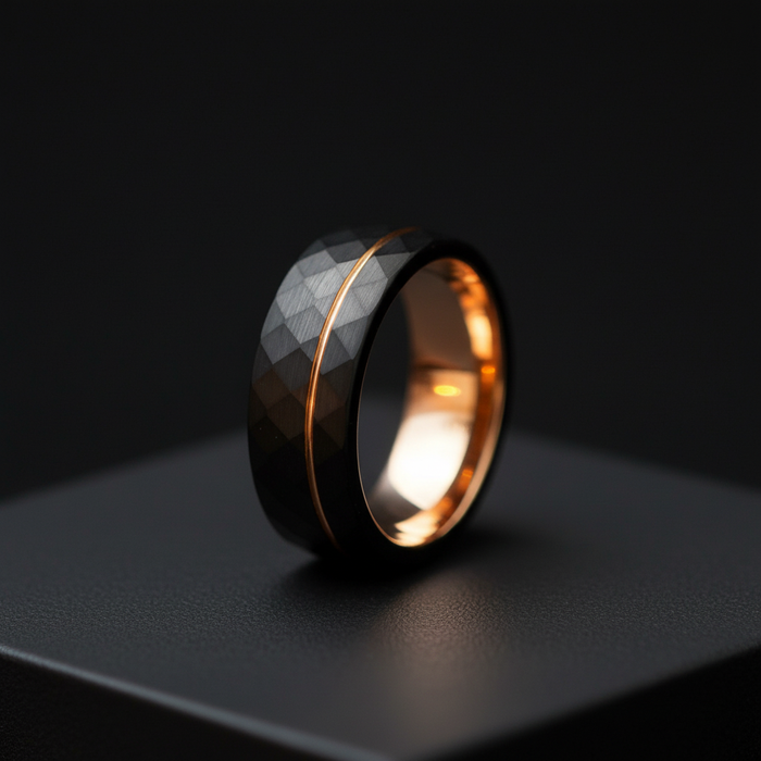 The Foundry, an 8mm faceted tungsten band with rose gold detailing