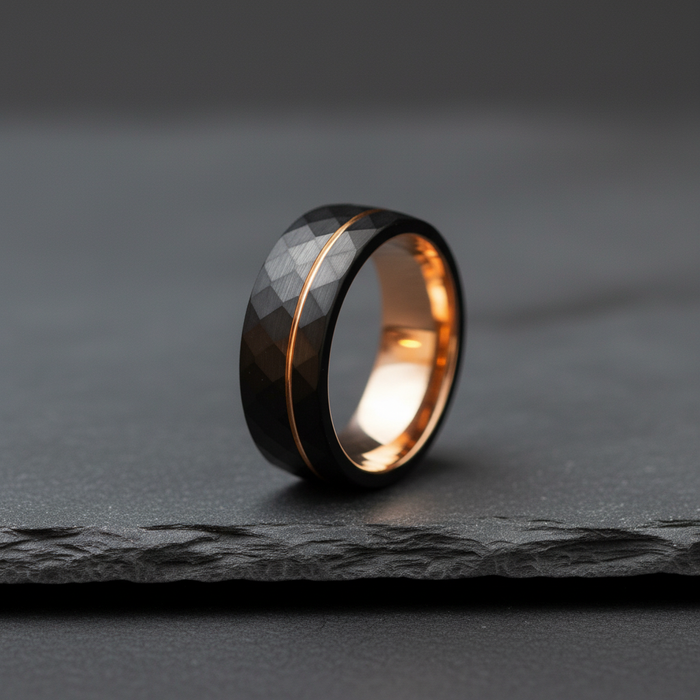 The Foundry, an 8mm black tungsten band with a rose gold plated inner