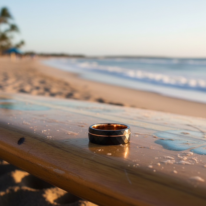 The Foundry ring resting on a surfboard at the beach