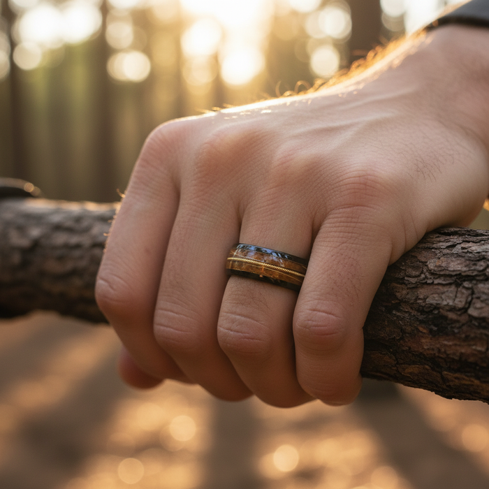 The Fret ring worn on a hand resting on a tree branch