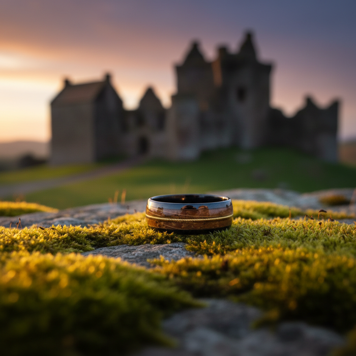 The Fret 8mm band on mossy stone at castle ruins