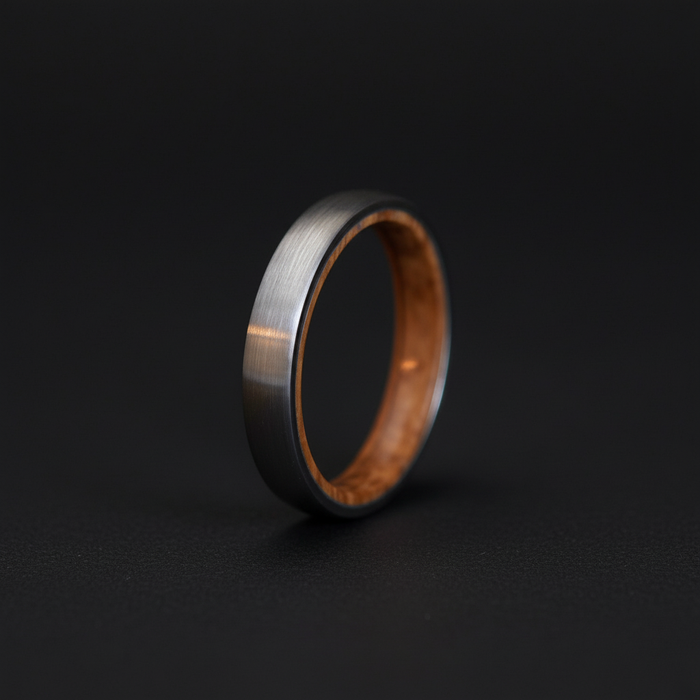 The Glen 4mm, a round-profile tungsten band with a whisky barrel oak interior