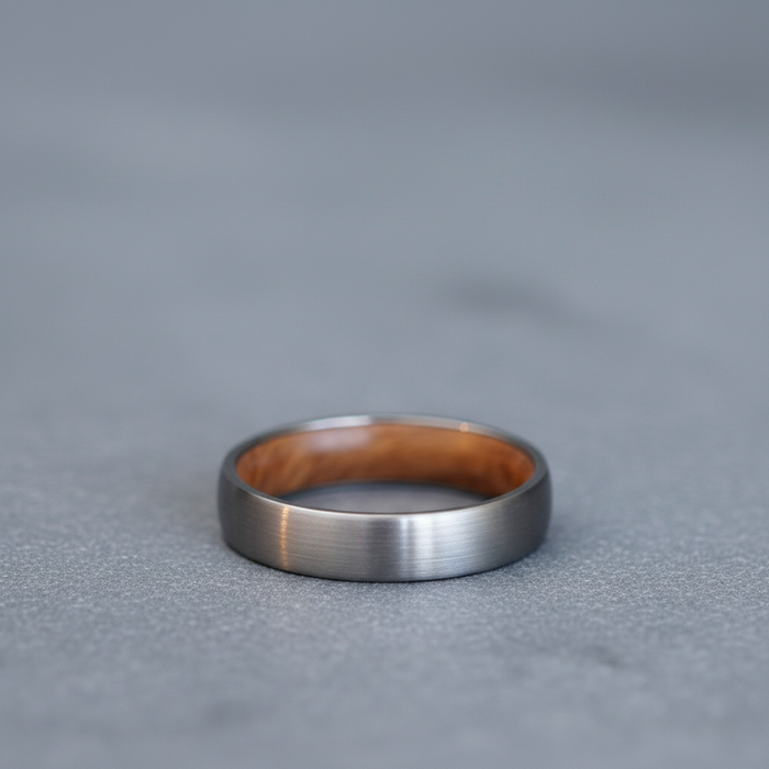 The Glen 4mm tungsten ring with barrel oak interior