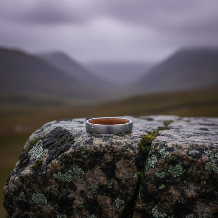 The Glen 4mm tungsten ring with oak barrel inlay