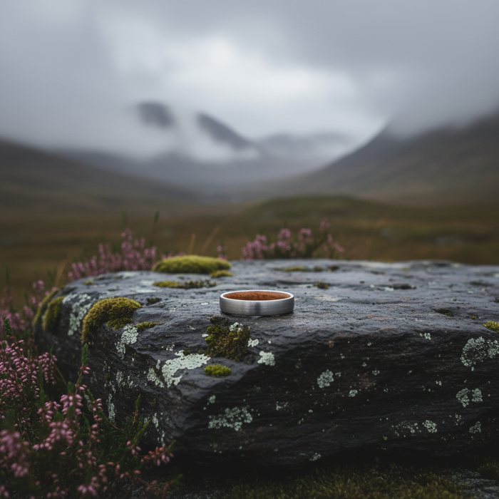 The Glen 4mm ring on a rocky surface with a misty landscape behind