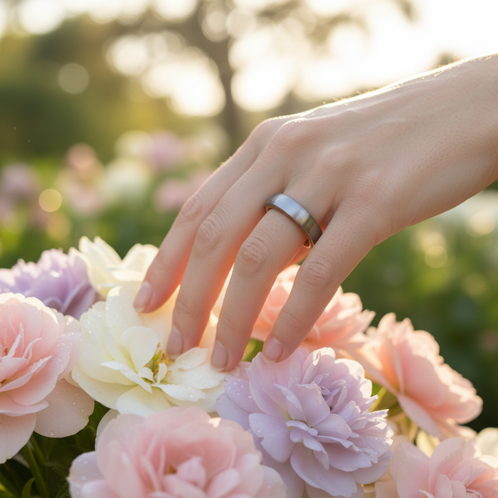 The Glen 4mm ring worn on a hand beside pastel roses