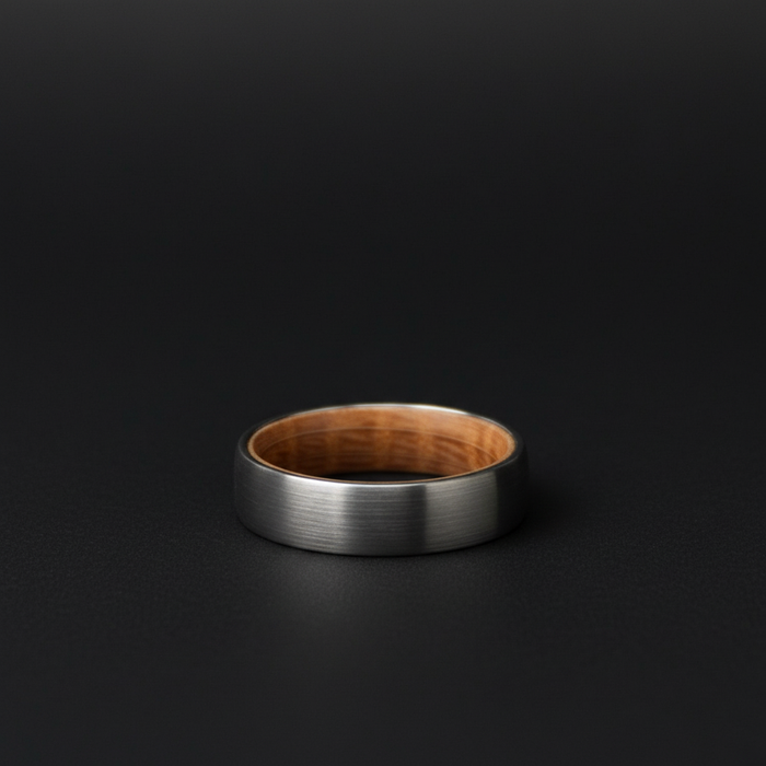The Glen 6mm brushed tungsten band with whisky barrel oak inlay