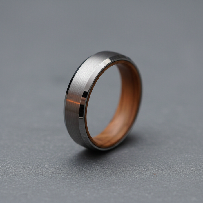 The Glencairn 6mm, a bevelled tungsten band with a whisky barrel oak interior