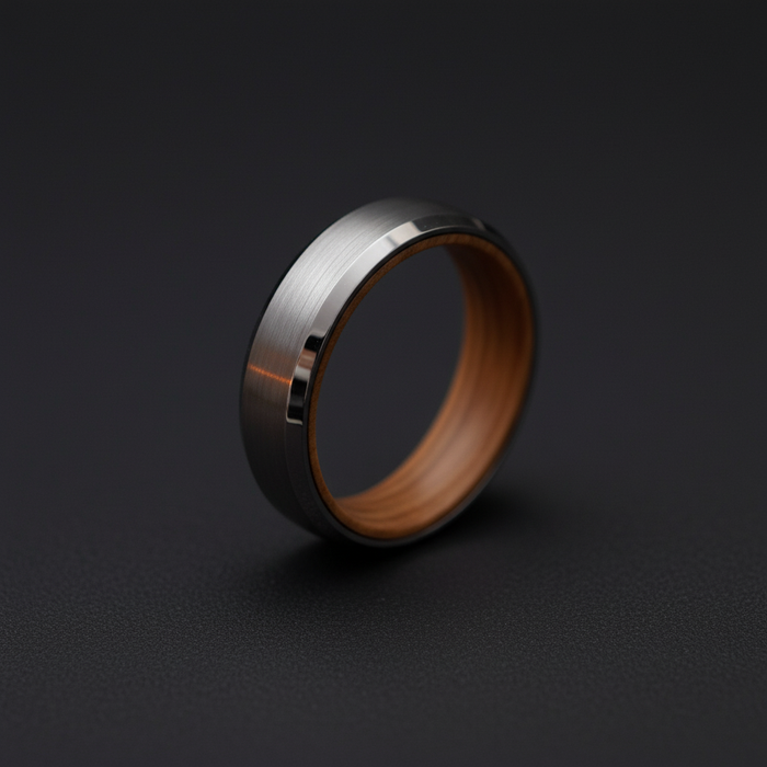 The Glencairn 6mm tungsten ring with barrel oak interior