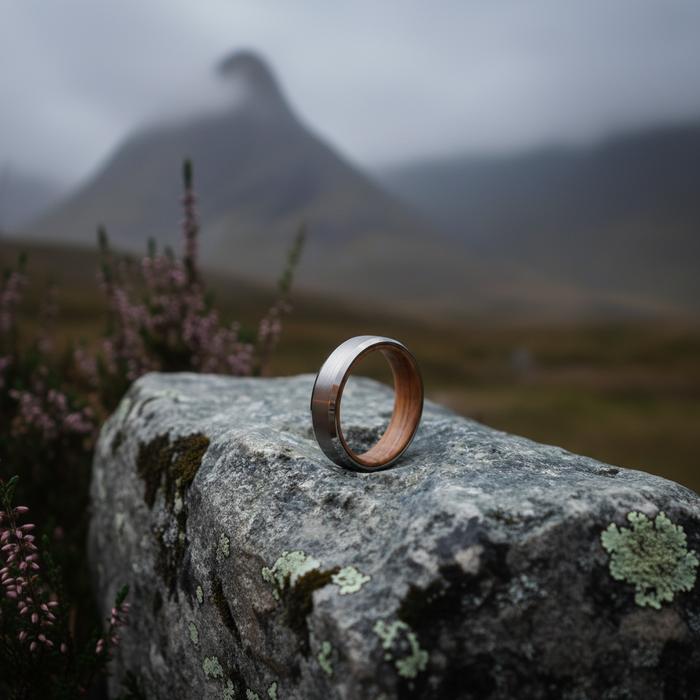 The Glencairn 6mm tungsten ring with oak inlay on a rugged landscape
