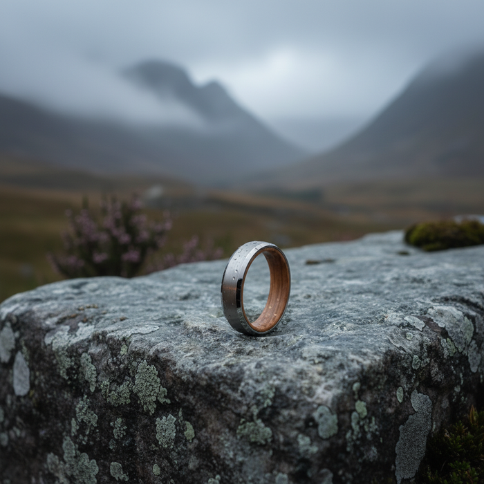 The Glencairn 6mm tungsten ring on a rocky background