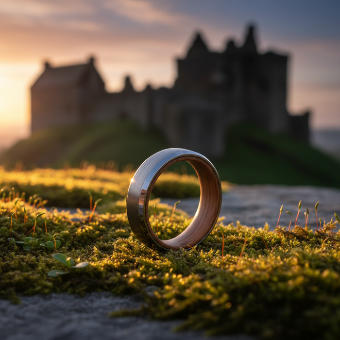 The Glencairn 6mm ring on mossy stone at Scottish ruins