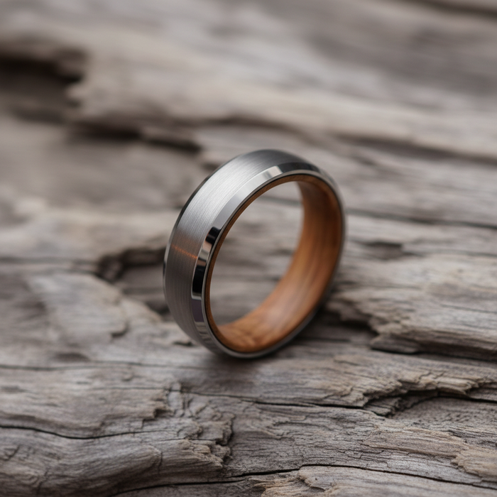The Glencairn 6mm bevelled tungsten and barrel oak ring