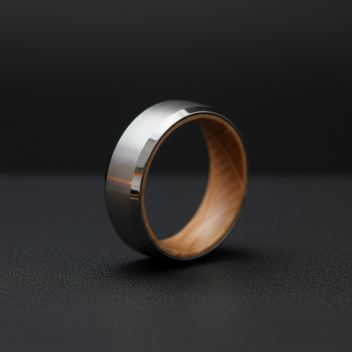 The Glencairn 8mm, a bevelled tungsten band with a whisky barrel oak interior