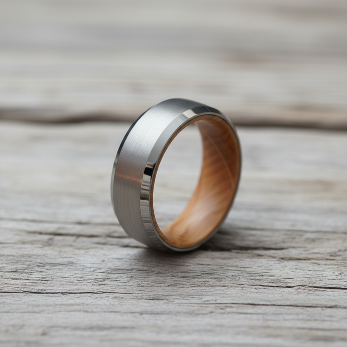 The Glencairn 8mm bevelled tungsten ring with barrel oak interior