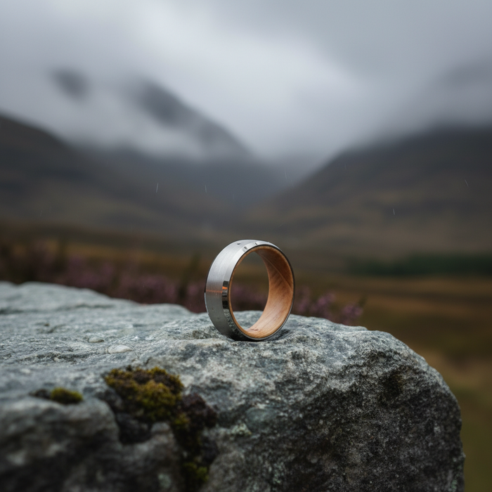 The Glencairn 8mm tungsten and barrel oak ring against a cloudy backdrop
