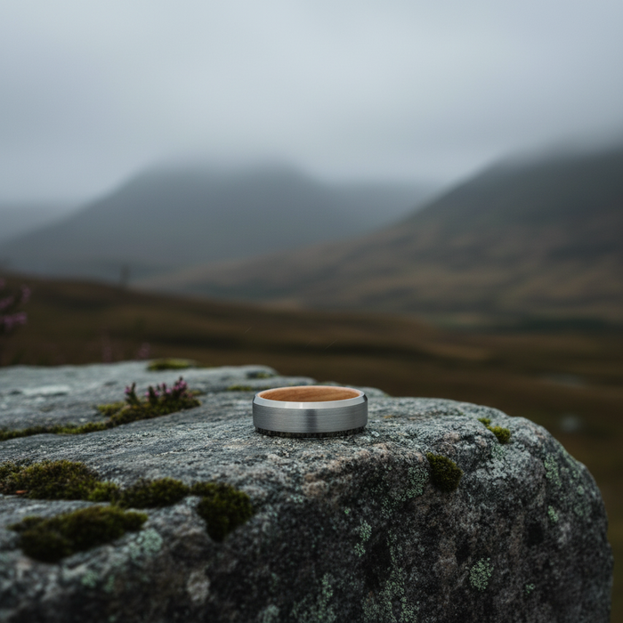 The Glencairn 8mm tungsten ring with barrel oak inlay in a misty landscape