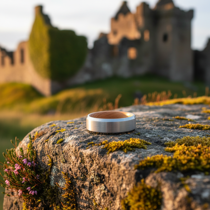 The Glencairn 8mm ring on mossy stone at Scottish castle ruins