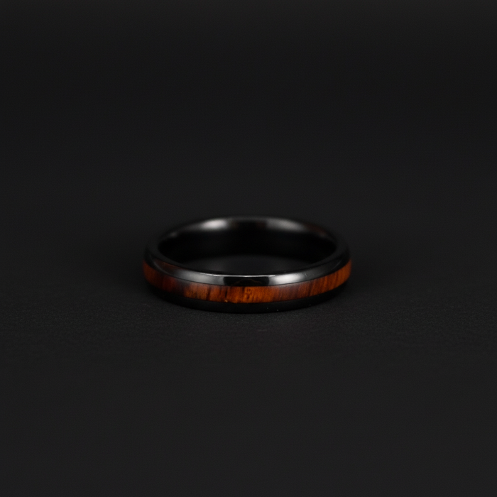 The Grain 4mm black tungsten ring with Koa wood inlay