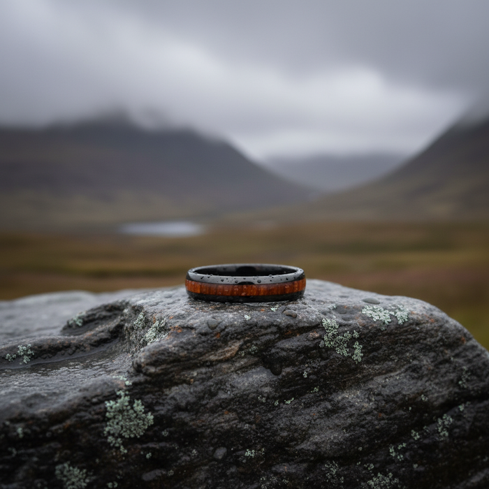 The Grain 4mm black tungsten and Koa wood ring