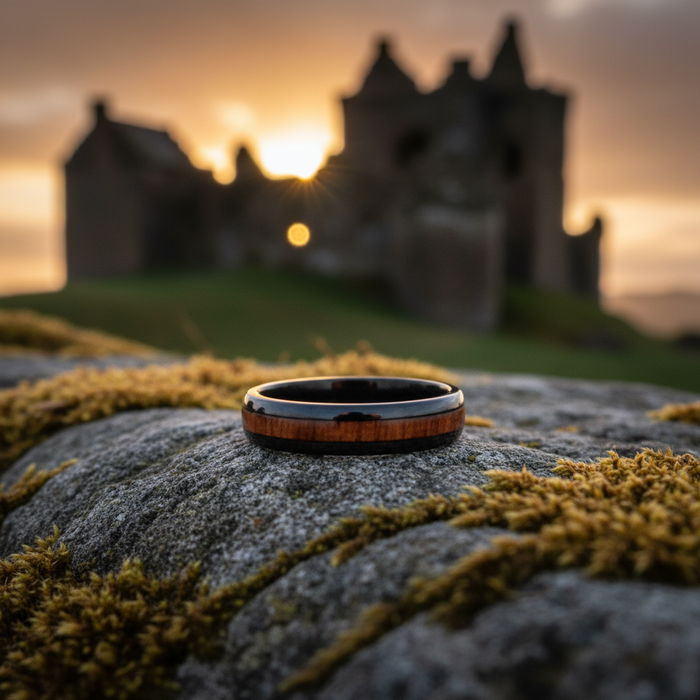 The Grain 4mm ring on mossy stone at sunset