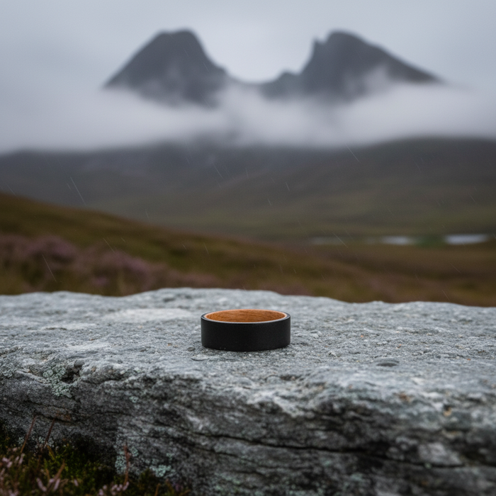 The Hebridean 8mm ring against a misty mountain backdrop