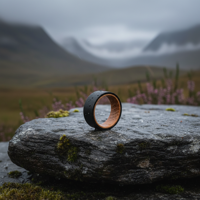 The Hebridean 8mm black tungsten and barrel oak ring