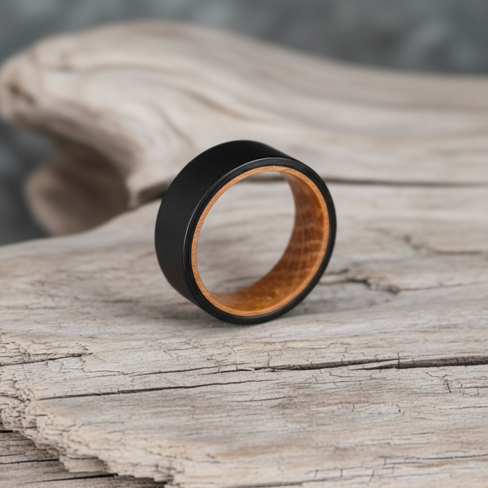 The Hebridean 8mm flat-profile black tungsten ring with barrel oak