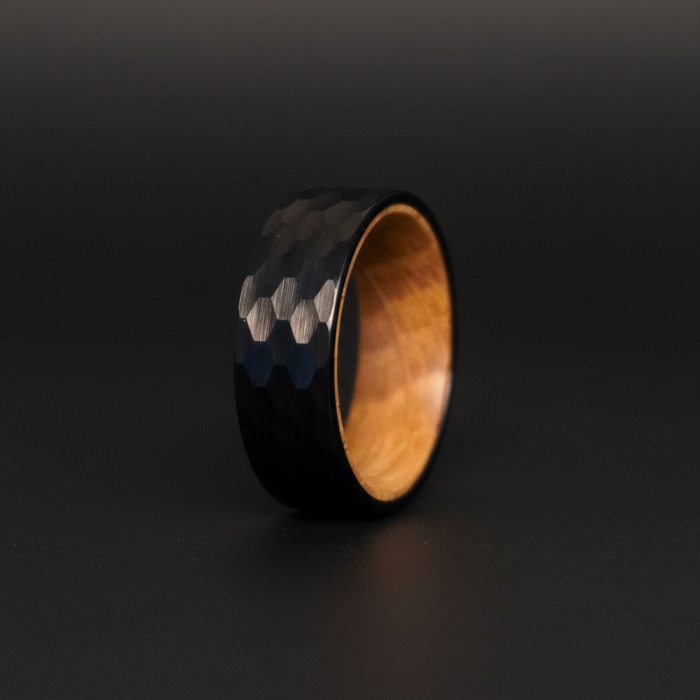 The Iona, an 8mm flat-profile black plated tungsten band with a whisky barrel oak interior