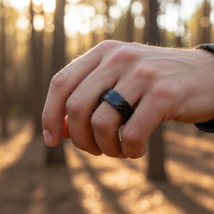 The Iona 8mm black plated tungsten wedding band, engravable