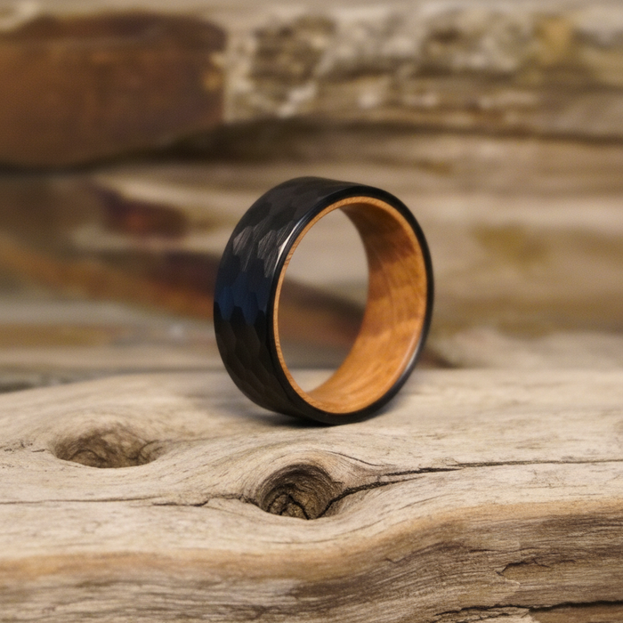 The Iona 8mm black tungsten and barrel oak ring