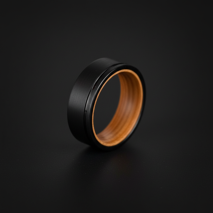 The Islay 8mm, a flat-profile black plated tungsten band with a whisky barrel oak interior