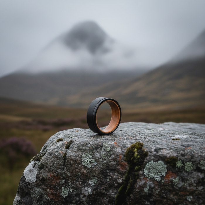 The Islay 8mm black tungsten band against a natural landscape