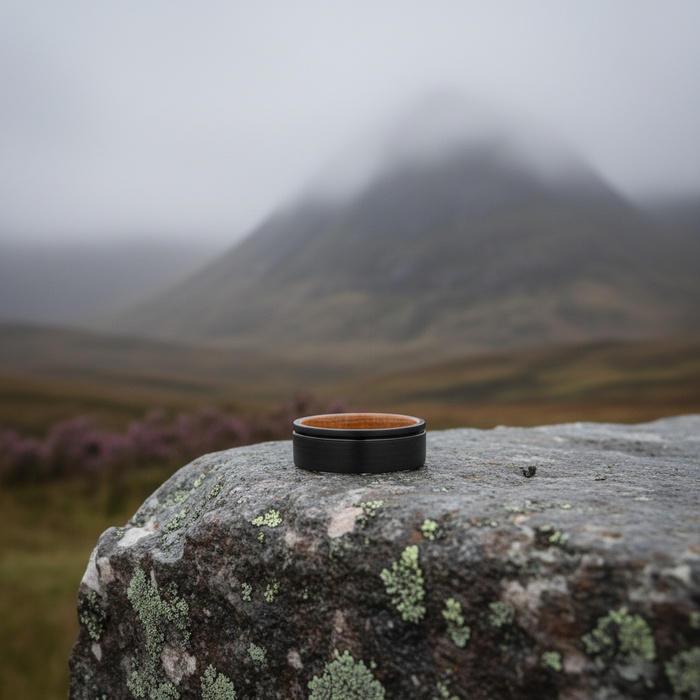 The Islay 8mm ring with barrel oak inlay on a rocky surface