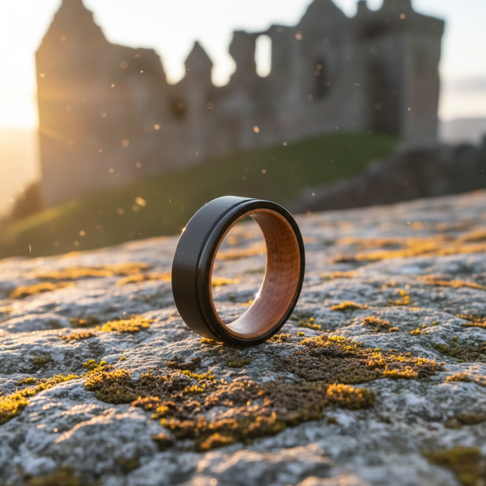 The Islay 8mm band on mossy stone ruins at sunset