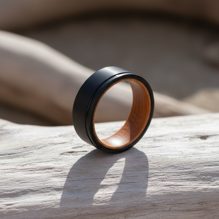 The Islay 8mm flat-profile black tungsten and barrel oak ring