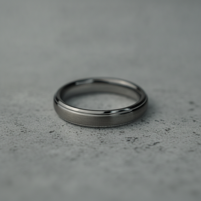 The Keystone 4mm tungsten ring shown at an angle