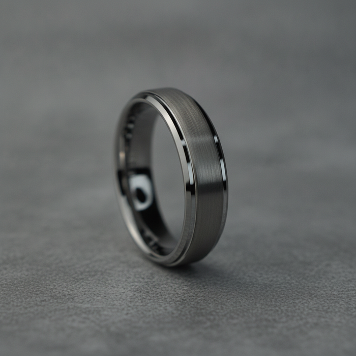 The Keystone 6mm tungsten ring shown at an angle