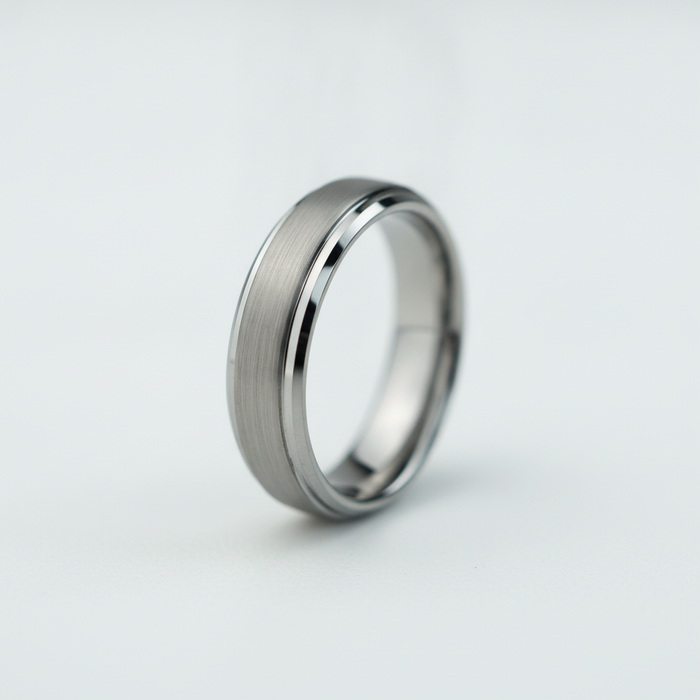 The Keystone 6mm tungsten ring with bevelled edges, shown close up
