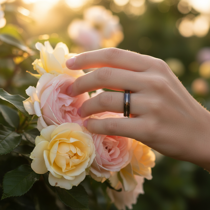 The Lode ring worn on a hand among roses