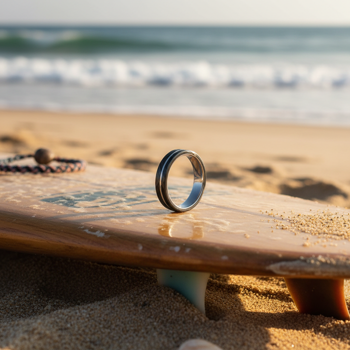 The Lode 4mm faceted tungsten band with black plated detailing
